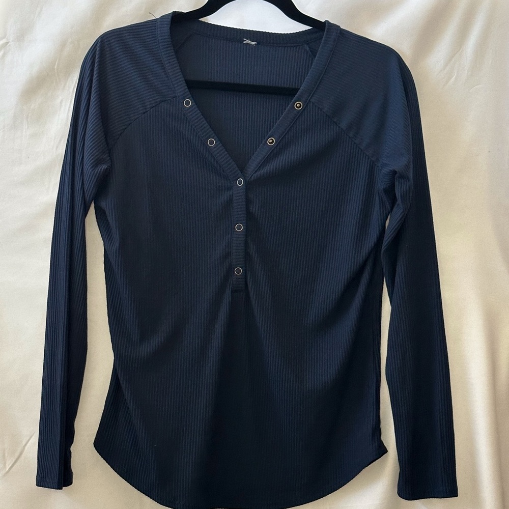 Ladies v-neck, long sleeve, henley style shirt